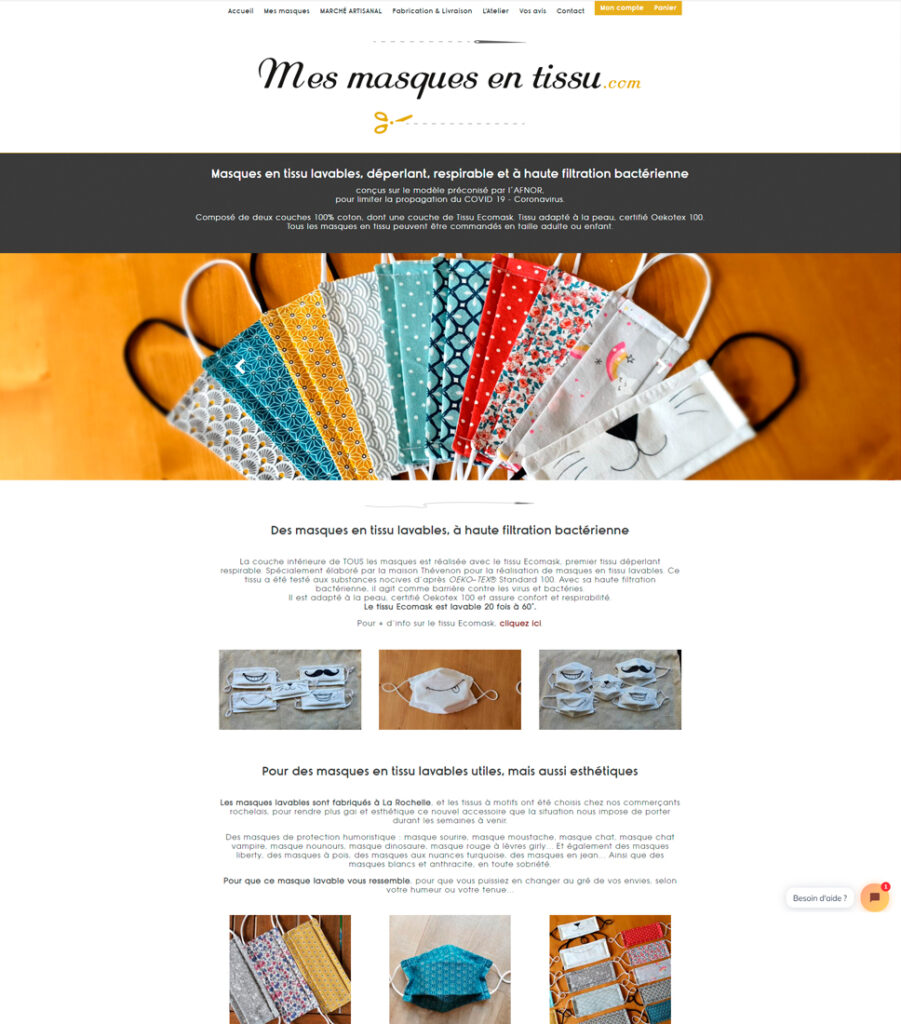E-boutique Mes masques en tissu Homepage - Graphisme et intégration - Elisabeth MORIN graphiste webmaster La Rochelle