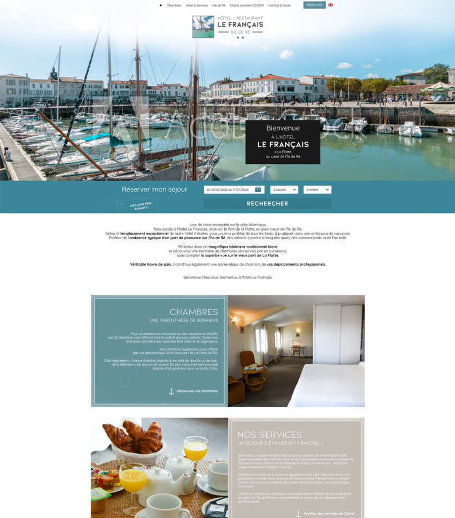 Site internet Hôtel Le Français Ile de Ré - Maquette graphique Page d'accueil - pour l'agence Ludifrance - Elisabeth MORIN graphiste webmaster La Rochelle