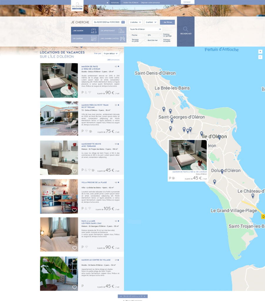 Site internet Oléron Location - Maquette graphique Page Liste - pour l'agence Ludifrance - Elisabeth MORIN graphiste webmaster La Rochelle